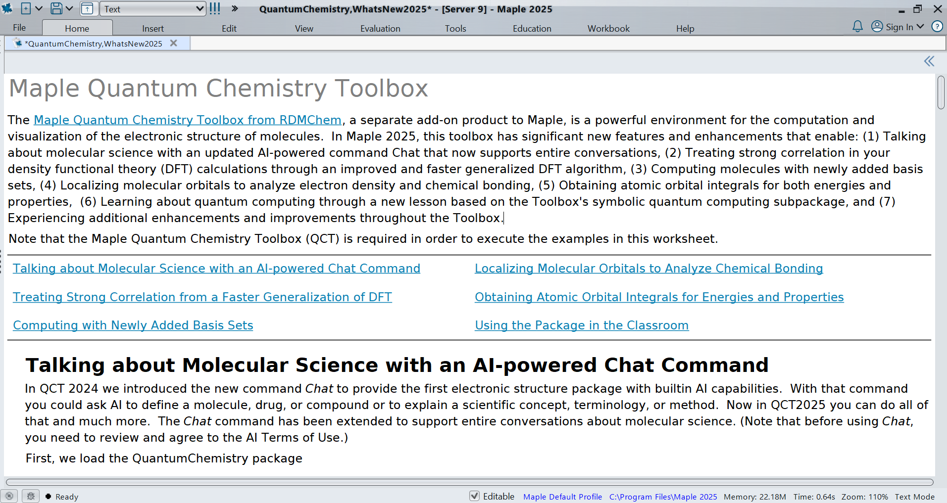 Maple Quantum Chemistry Toolbox What's New 2025 worksheet